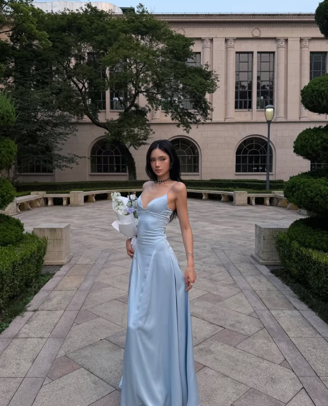 Pretty Blue A Line Spaghetti Strap Satin Long Prom Dress Evening Dress DP7977