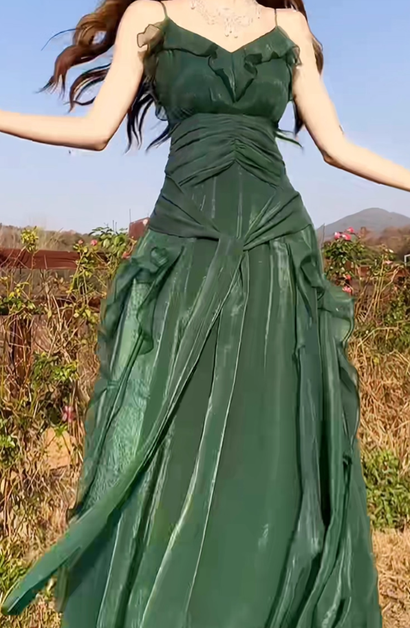 Flowy Dark Green Spaghetti Strap Ruffle Chiffon Prom Dress Evening Dress DP3562