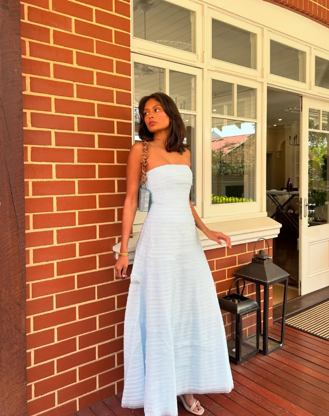 Elegant A Line Strapless Light Blue Tulle Long Prom Dress Evening Dress DP1632