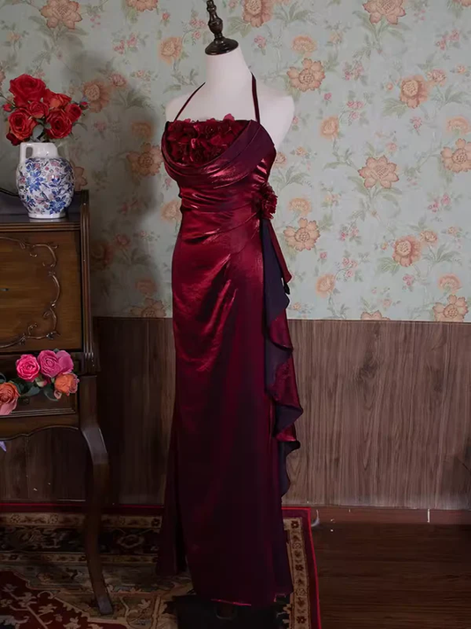 Burgundy Mermaid Halter Flowers Chiffon Long Prom Dress DP297