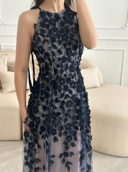 Black A Line Halter Appliques Tulle Prom Dress Evening Dress DP5775