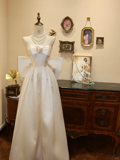 Cute White Bow A Line Strapless Satin Long Prom Dress Wedding Dress DP7031