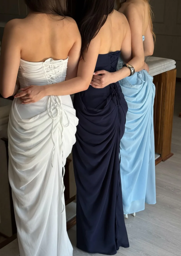Navy Blue Sheath Strapless Satin Slit Long Prom Dress Evening Dress DP6948