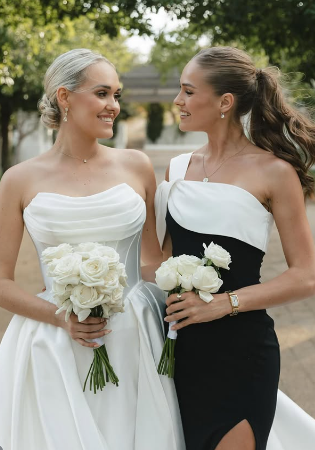 Classic Black-white Sheath One Shoulder Satin Long Bridesmaid Dress with Slit DP5108