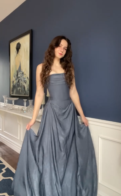 Simple A Line Strapless Grey Satin Long Prom Dress Graduation Prom Dress DP4872