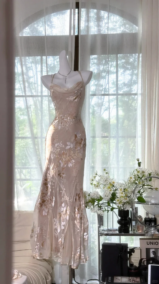 Apricot Print Floral Romantic Elegant Chiffon Long Evening Gown Birthday Gown DP2915