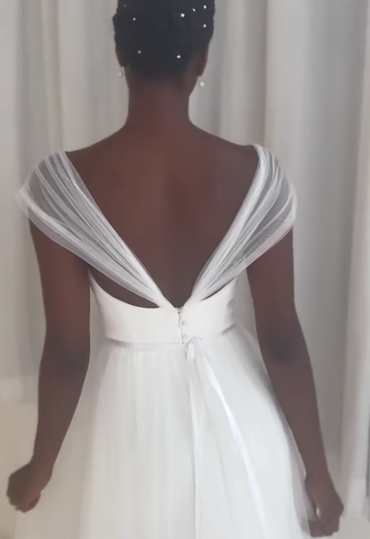 Pretty A Line Straps White Tulle Satin Long Wedding Dress DP4301