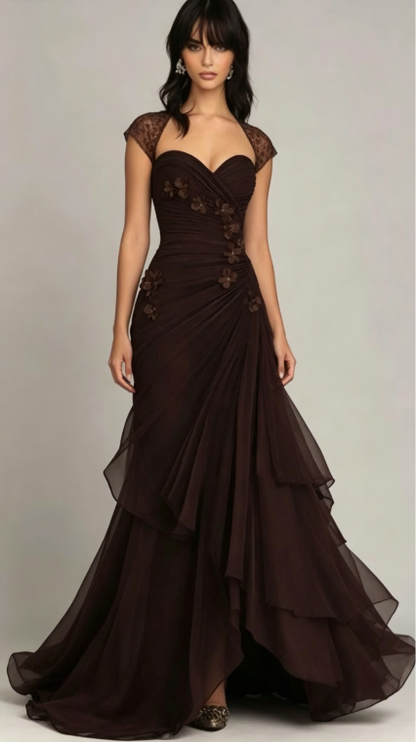Stunning Brown Mermaid Appliques Layered Chiffon Prom Dress Graduation Prom Dress DP5101