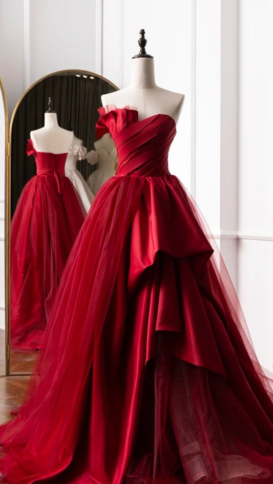 Red Strapless Tiered Satin Tulle Pleated Prom Dress Long Evening Dress DP318