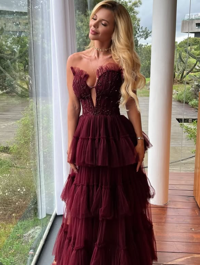 Dark Burgundy A Line Strapless Beaded Layered Tulle Long Prom Dress Evening Dress DP6216