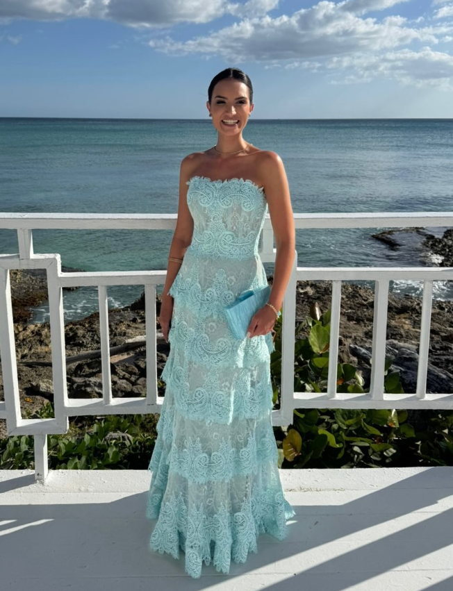 Blue A Line Strapless Layered Lace Long Prom Dress Evening Dress DP6229