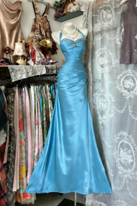 Vintage Halter Mermaid Long Prom Dresses Beaded Satin Blue Evening Dresses Birthday Dresses DP4596