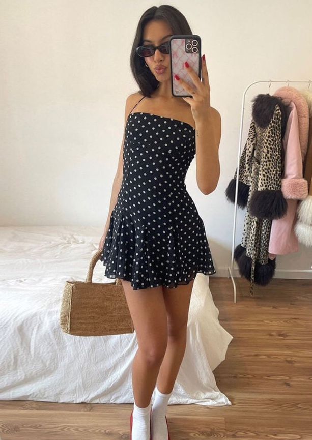 Cute Polka Dot A Line Halter Chiffon Backless Short Outfits Vacation Dress DP4883
