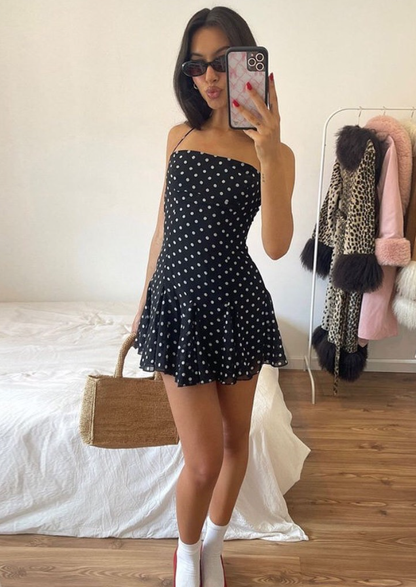 Cute Polka Dot A Line Halter Chiffon Backless Short Outfits Vacation Dress DP4883