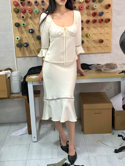 Two Piece Mermaid Long Sleeve White Satin Short Homecoming Dress Outfits DP4818