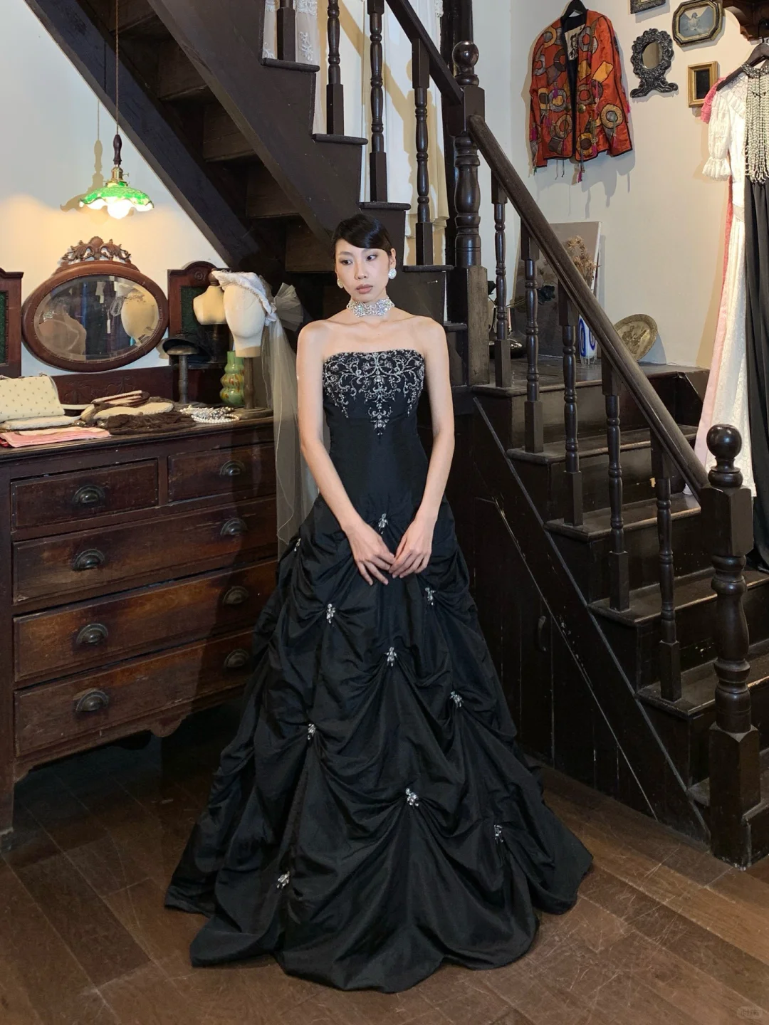 Vintage Ball Gown Strapless Beaded Black Satin  Prom Dress Evening Dress DP5143