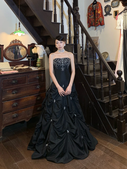 Vintage Ball Gown Strapless Beaded Black Satin  Prom Dress Evening Dress DP5143