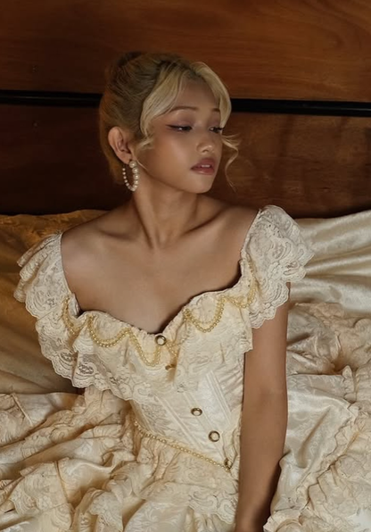 Apricot Ball Gown Off the Shoulder Layered Lace Satin 16th Birthday Dress Quinceanera Dress DP4439