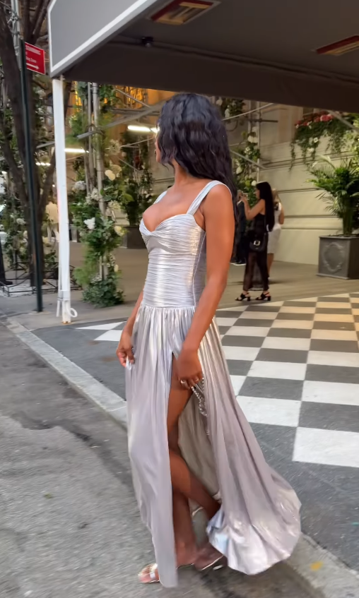 Silver A Line Straps Pleated Satin Prom Dress Evening Dress with Slit DP4405