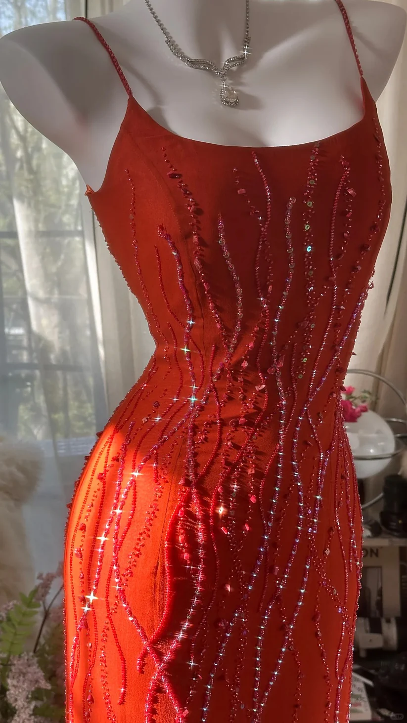 Romantic Orange Mermaid Spaghetti Strap Beaded Ruffle Chiffon Prom Dress Evening Dress DP2883