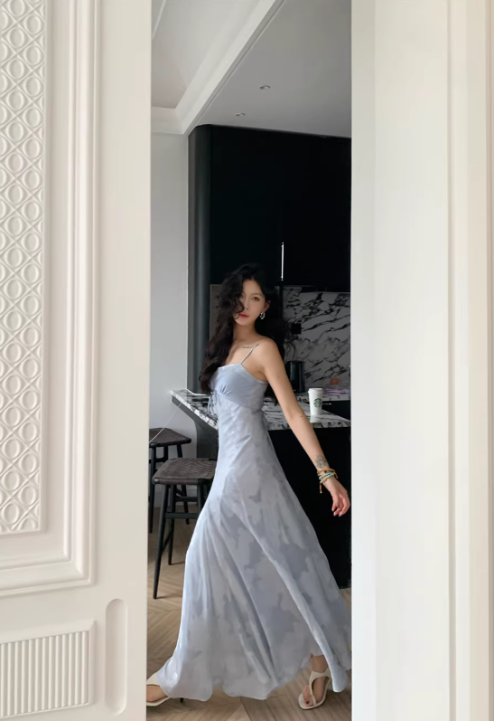 Elegant A Line Spaghetti Strap Printed Floral Satin Prom Dress Date Dress DP4755