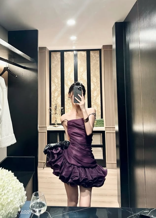 Stylish Purple A Line Spaghetti Straps Layered Tulle Short Prom Dress Homecoming Dress DP7943