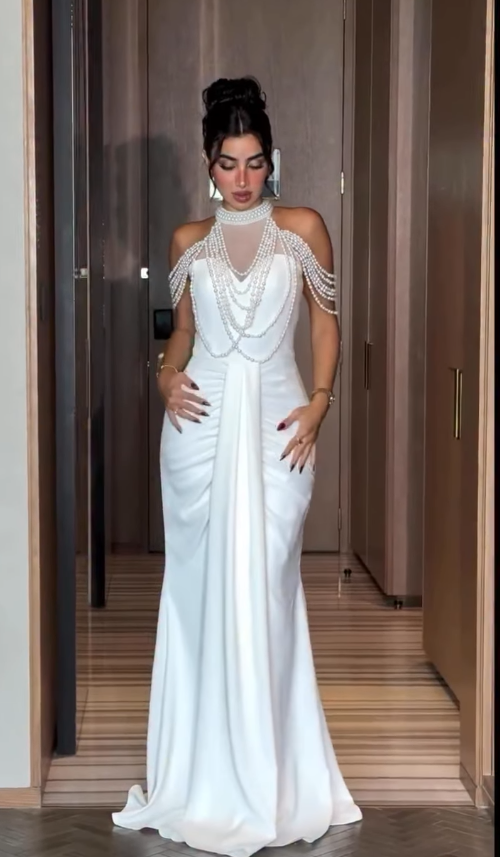 Elegant Mermaid Halter Pearl White Satin Long Prom Dress Evening Dress DP4332