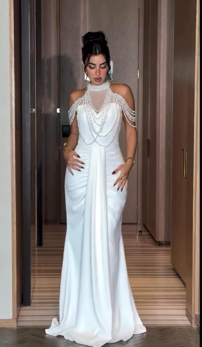 Elegant Mermaid Halter Pearl White Satin Long Prom Dress Evening Dress DP4332