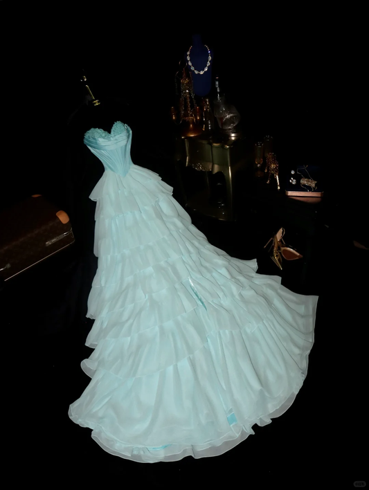 Romantic Light Blue A Line Sweetheart Neck Layered Chiffon Prom Dress 21th Birthday Dress DP3894