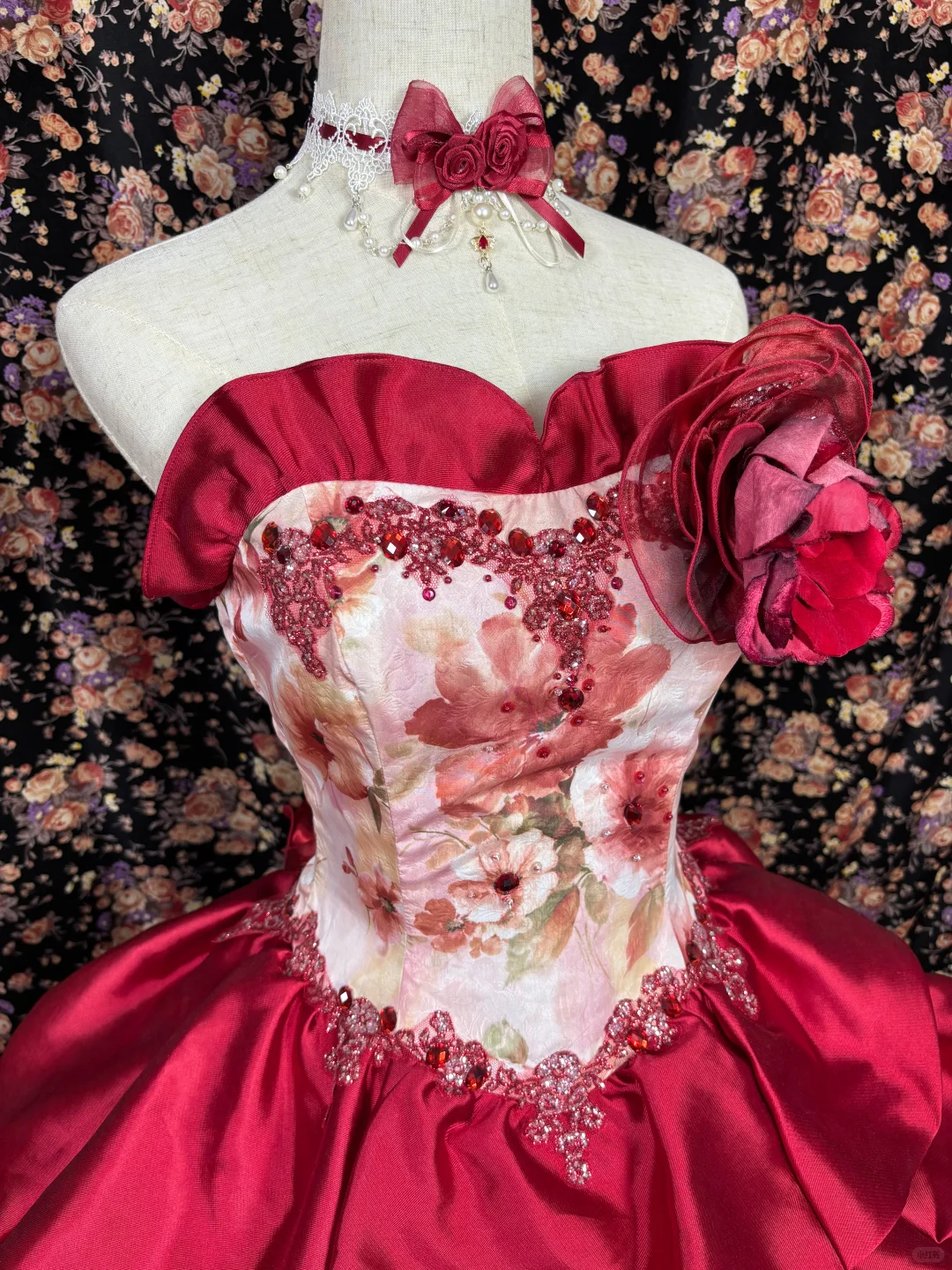 Vintage Red Print Floral Ball Gown Strapless Satin Prom Dress Sweet 16 Dress DP5654