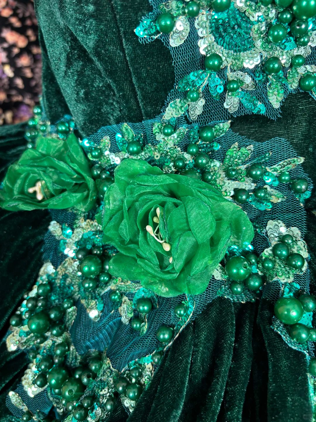 Vintage Green Ball Gown Beaded Velvet Tulle Prom Dress Sweet 16 Dress DP5651