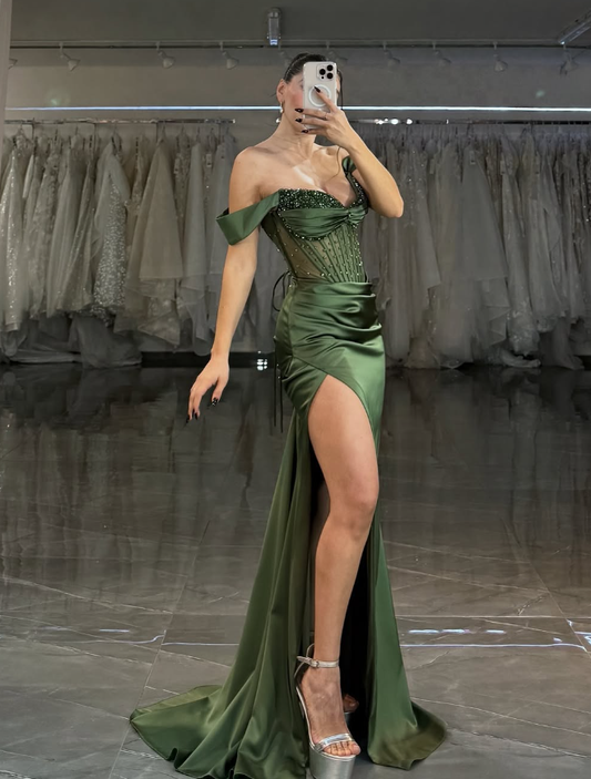 Green Sheath Off the Shoulder Beaded Satin Prom Dress Evening Dress with Slit DP1818