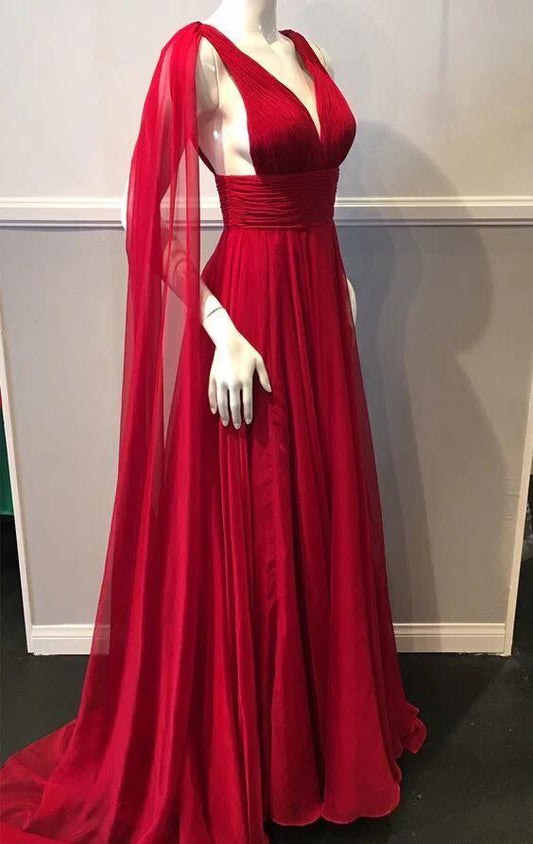 Deep V Neck Red Chiffon Long Prom Dress Charming Evening Gown DP231