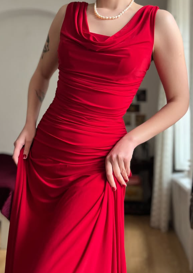Simple Red A Line Pleated Satin Prom Dress Evening Dress Date Dress DP5709