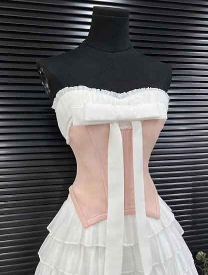 A Line Strapless Pink Satin Layered White Chiffon Mini Homecoming Dress Birthday Dress DP2612