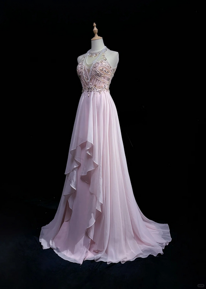 Elegant A Line Round Neck Beaded Pink Chiffon Long Open Back Prom Dress Party Dress DP2769