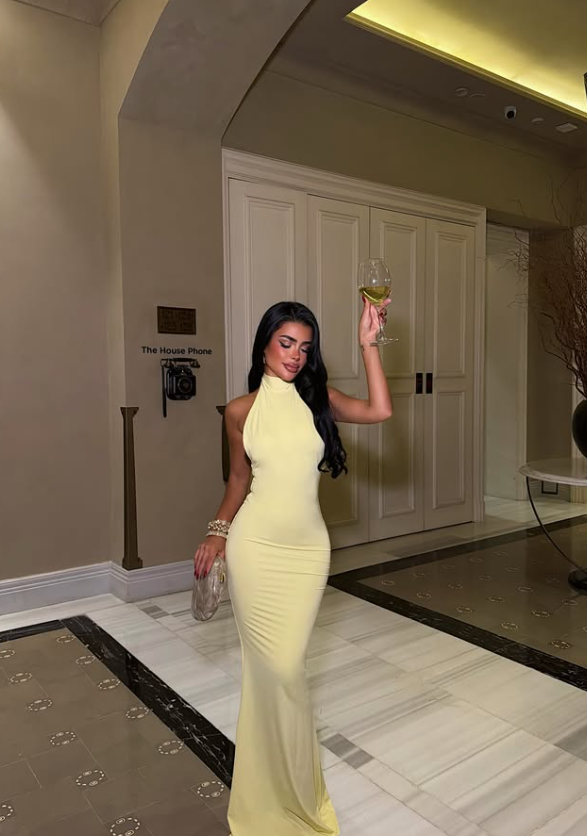 Yellow Backless Sheath Halter Satin Long Prom Dress Evening Dress DP8175