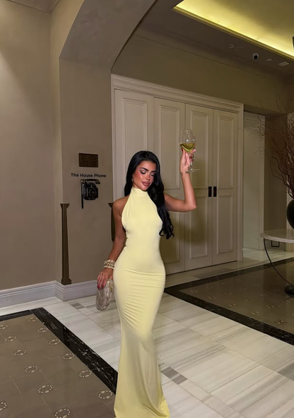 Yellow Backless Sheath Halter Satin Long Prom Dress Evening Dress DP8175