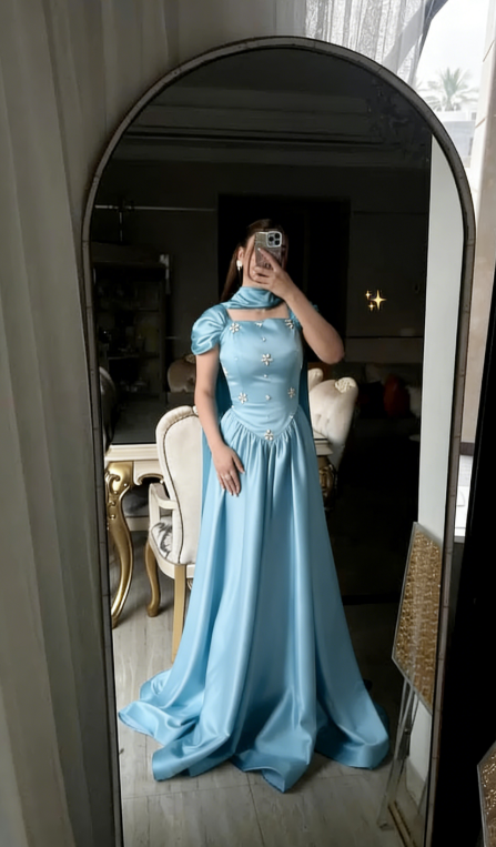 Elegant A Line Strap Rhinestone Blue Satin Long Prom Dress Party Dress DP4128