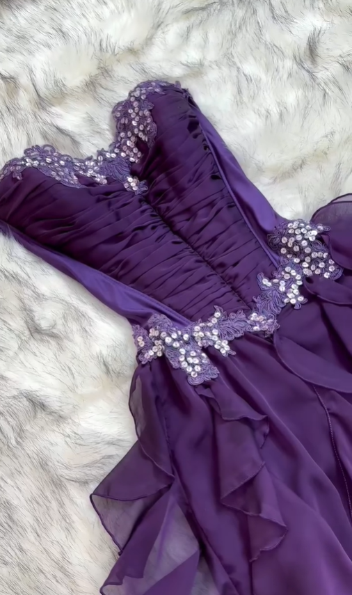 Purple Vintage A Line Sweetheart Neck Ruffle Chiffon Prom Dress DP5158