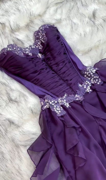 Purple Vintage A Line Sweetheart Neck Ruffle Chiffon Prom Dress DP5158
