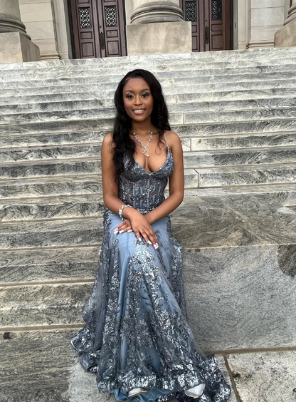 Sparkly Grey Mermaid Sequin Tulle Long Prom Dresses Sexy Formal Evening Dress DP3070