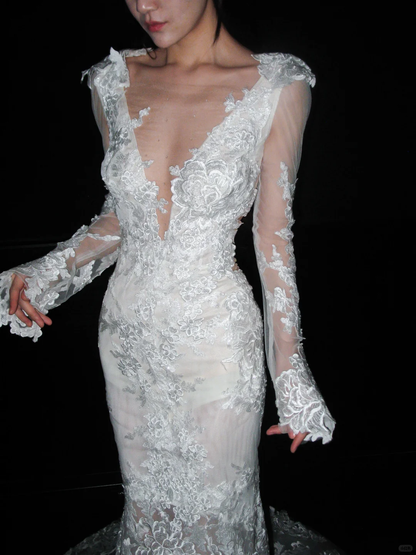 Stunning Mermaid Long Sleeve V Neck White Lace Long Train Wedding Dress DP8111