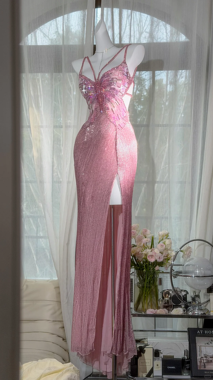 Stunning Pink Butterfly Sheath Beaded Long Prom Dress Graduation Prom Dress with Slit DP4944