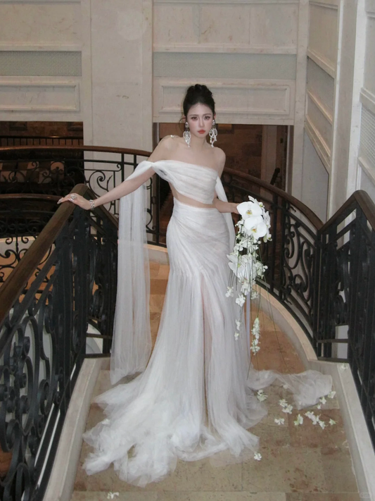 Unique A Line Off the Shoulder Flowy White Tulle Party Dress Wedding Dress DP2456