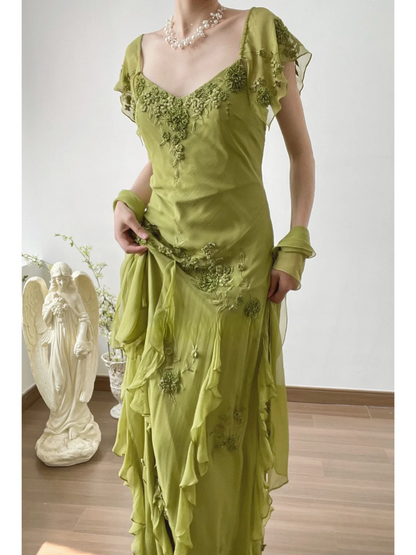 Green Mermaid Strap Retro Appliques Ruffle Chiffon Prom Dress Evening Dress DP3321