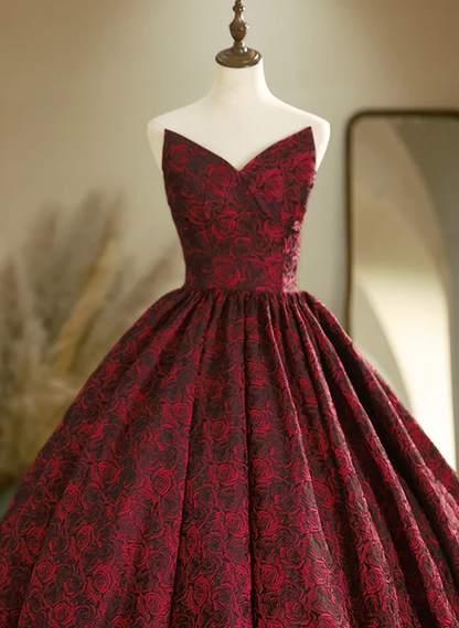 Burgundy Strapless Rose Print Ball Gown Long Formal Prom Dress DP604