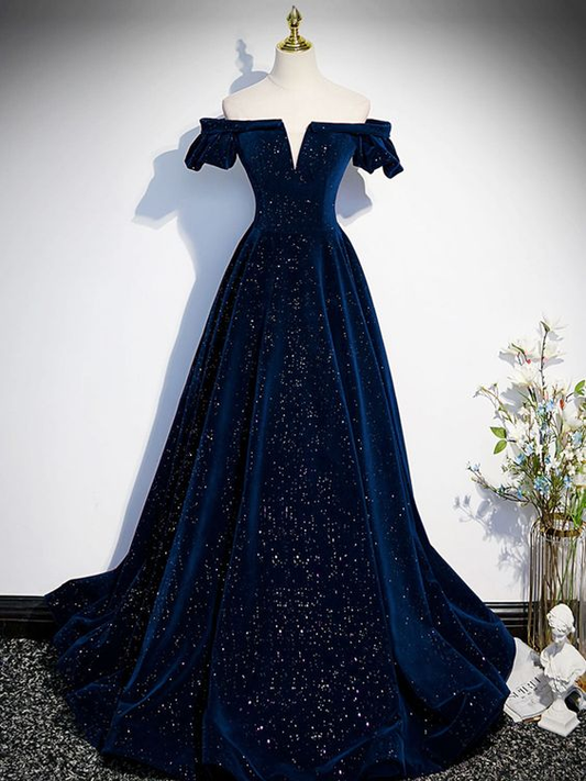 A-Line Off Shoulder Velvet Navy Blue Long Prom Dress Formal Evening Dress DP303