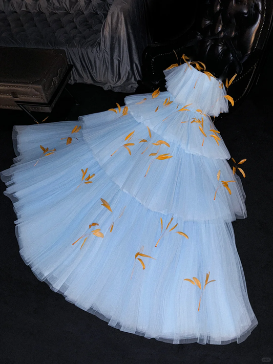 Baby Blue A Line Strapless Tiered Feather Tulle Long Prom Dress Evening Dress DP1958