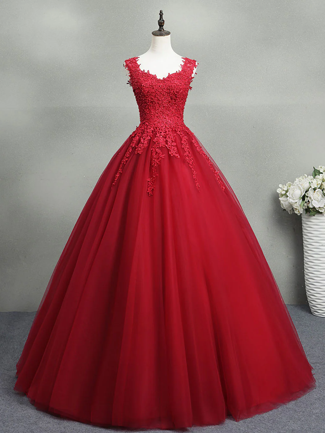 Pretty Red Tulle Appliques Ball Gown Formal Prom Dress Quinceanera Dress DP062